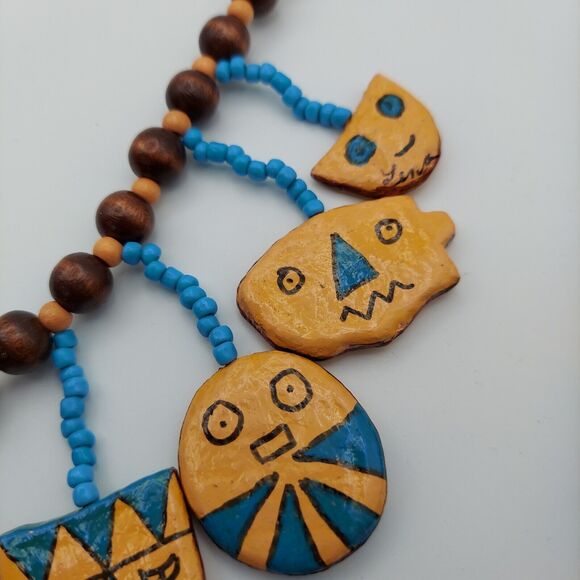 Vtg Hand Painted Wood Face Charm Necklace Southwest Tribal Mask Boho Bead Dangle - Picture 6 of 16